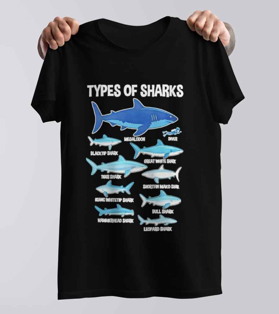 Types Of Sharks White Shark Hammerhead Great White Whale Tiger Bull Mako Marine Biology T-Shirt