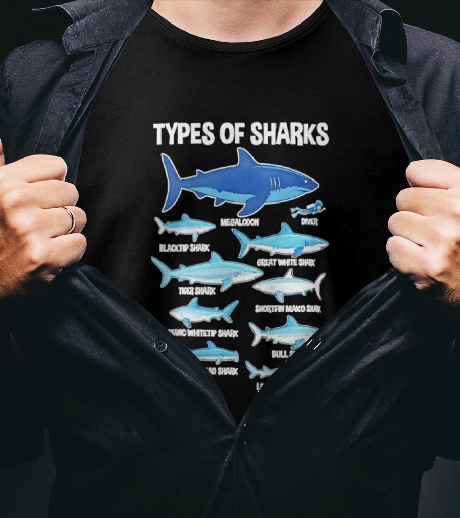 Types Of Sharks White Shark Hammerhead Great White Whale Tiger Bull Mako Marine Biology T-Shirt