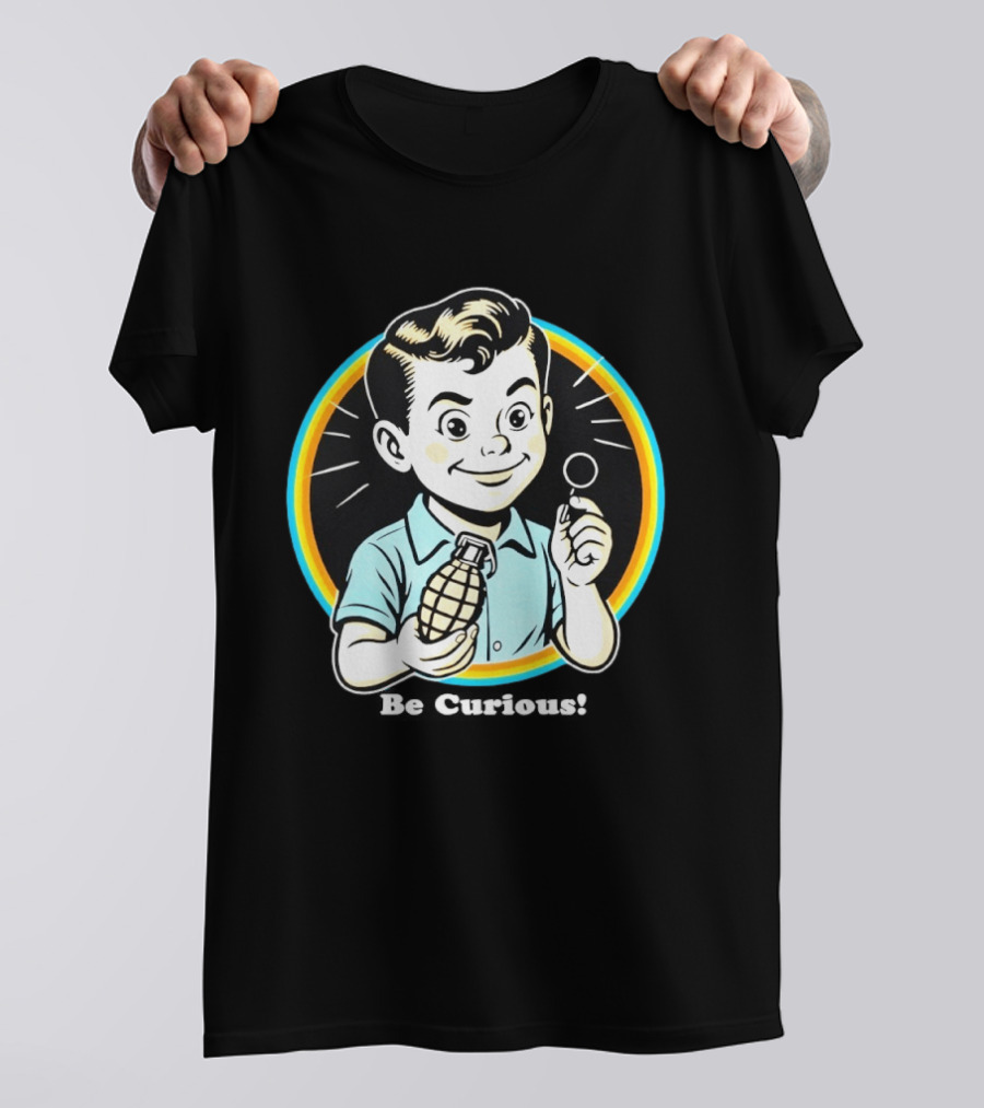 Be Curious Retro Comic Style Boy Holding Grenade And Pin T-Shirt