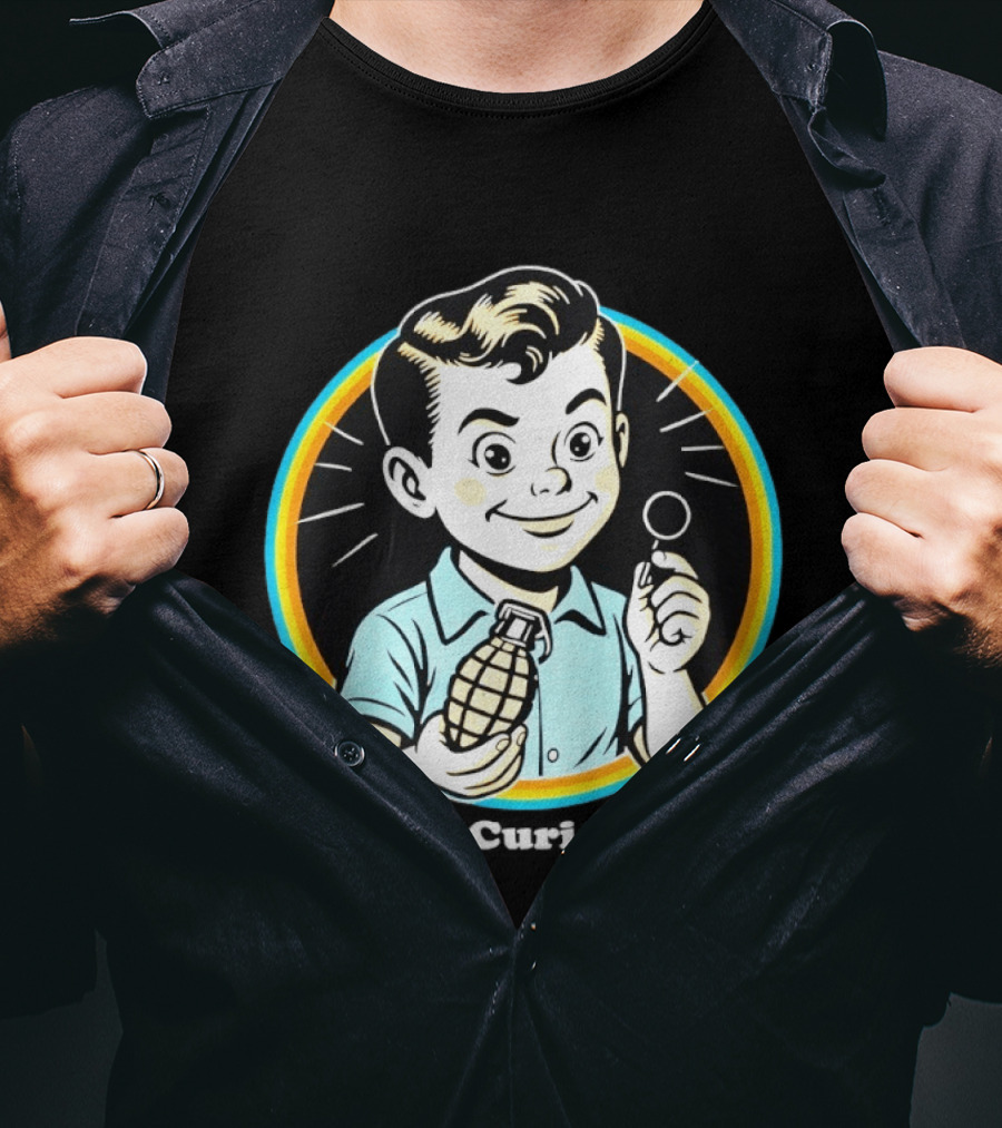 Be Curious Retro Comic Style Boy Holding Grenade And Pin T-Shirt