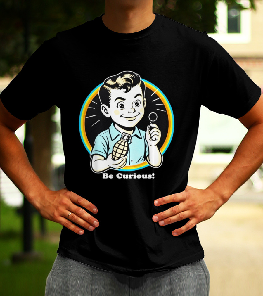Be Curious Retro Comic Style Boy Holding Grenade And Pin T-Shirt