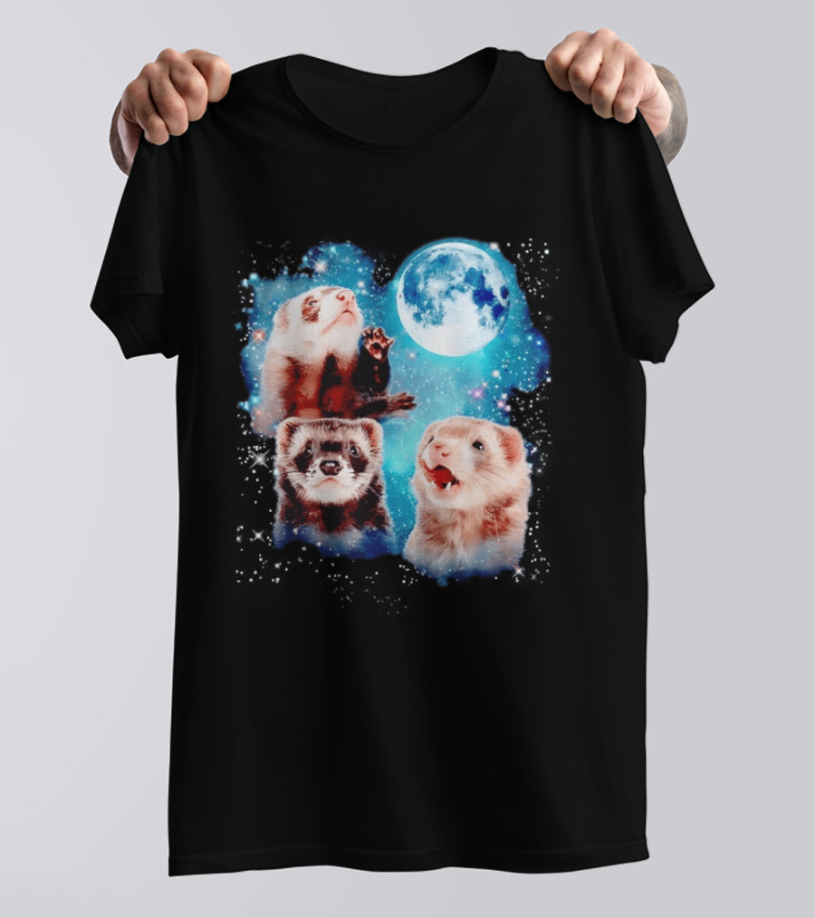 Ferret Trio With Full Moon And Starlit Sky T-Shirt