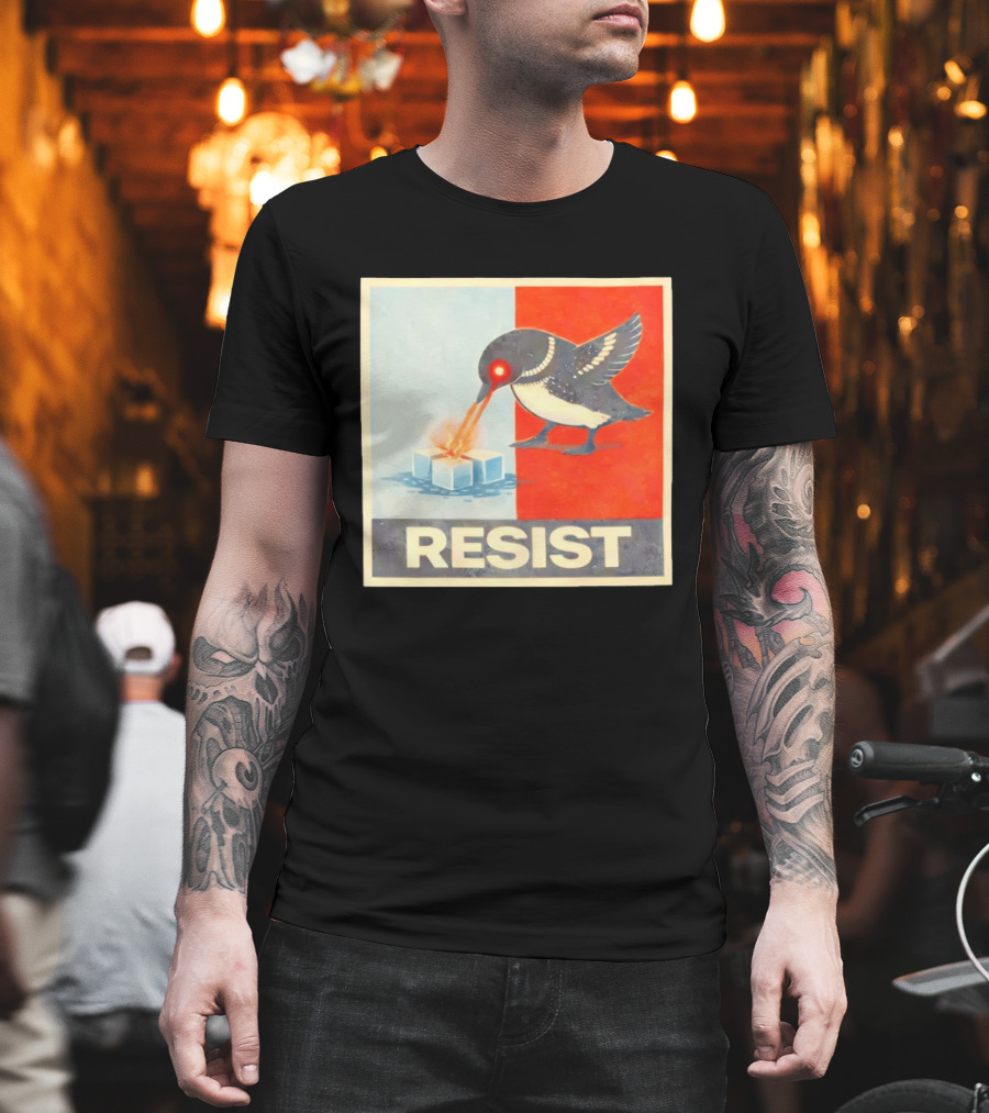 Resist Penguin Melting Ice Laser Eyes Red Blue Split T-Shirt