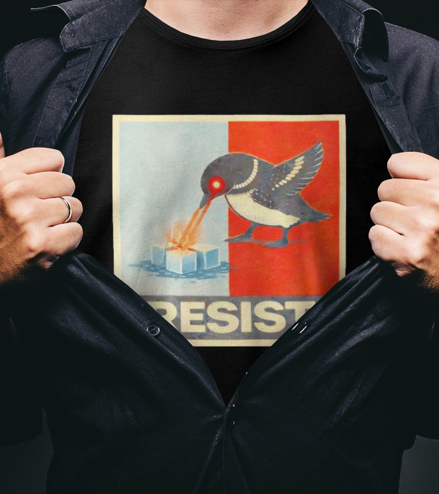 Resist Penguin Melting Ice Laser Eyes Red Blue Split T-Shirt