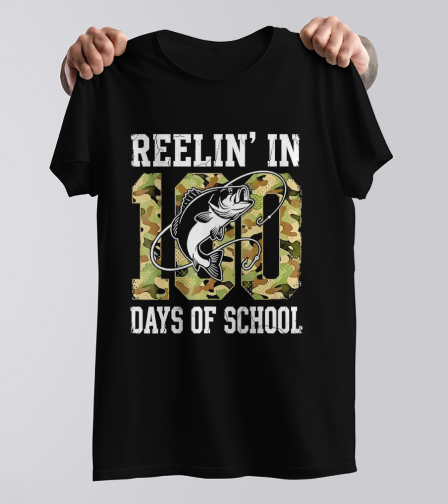 Reelin' In 100 Days Of School Bass Camo Fishing T-Shirt