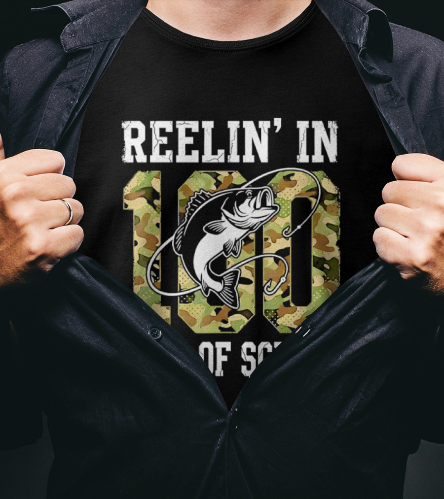 Reelin' In 100 Days Of School Bass Camo Fishing T-Shirt