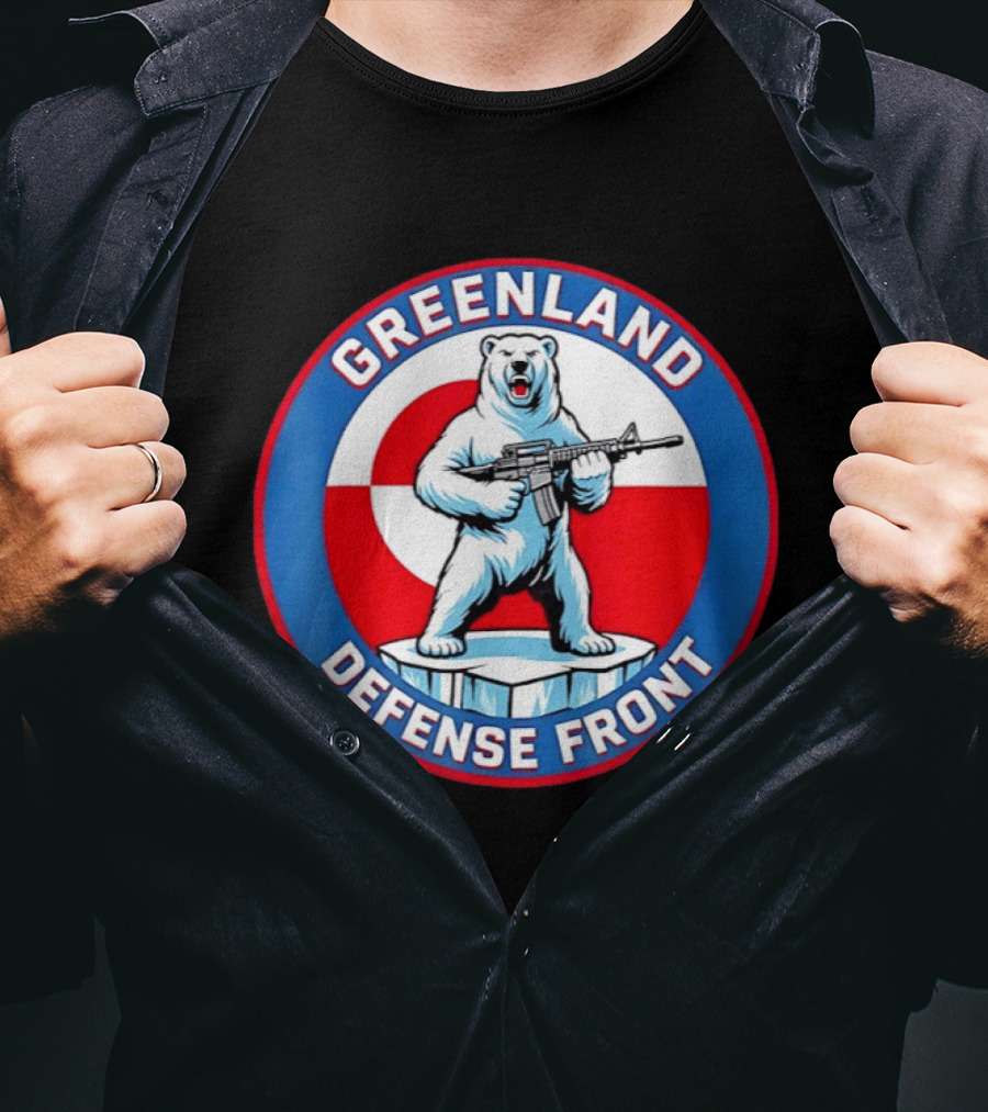 Greenland Defense Front Grumpy Polar Bear Holding Rifle T-Shirt