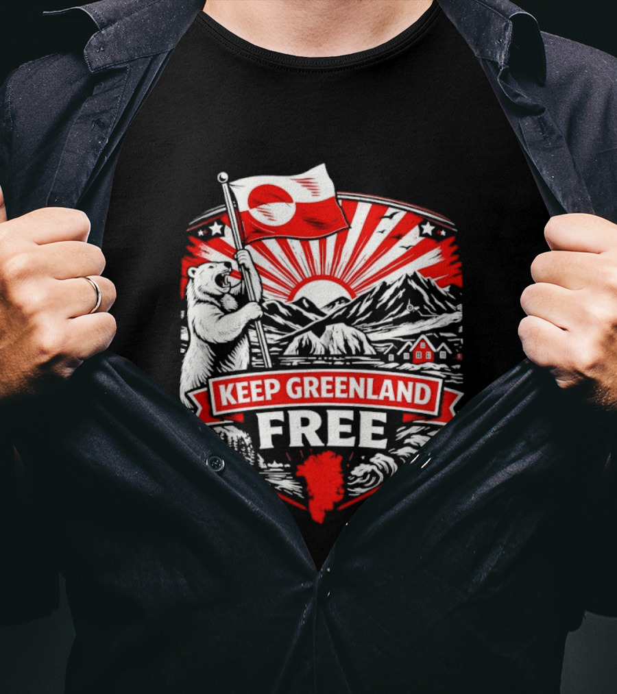 Polar Bear Holding Flag Keep Greenland Free Mountains And Sunburst T-Shirt