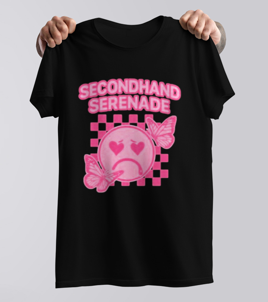 Secondhand Serenade Sad Emo Pink Heartbroken Face With Butterflies T-Shirt