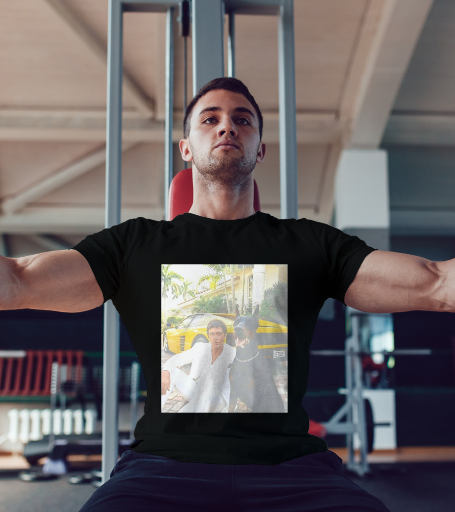 Tony Montana With Dog In Front Of Yellow Sports Car Scene From Scarface T-Shirt