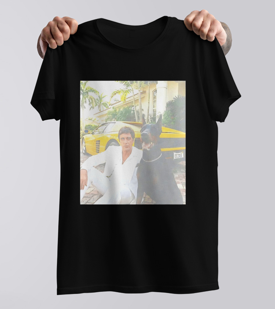 Tony Montana With Dog In Front Of Yellow Sports Car Scene From Scarface T-Shirt