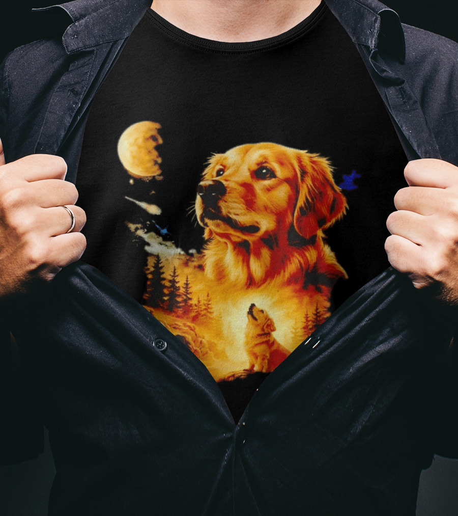 Golden Retriever Majestic Night Howl At Moonlit Waterfall T-Shirt