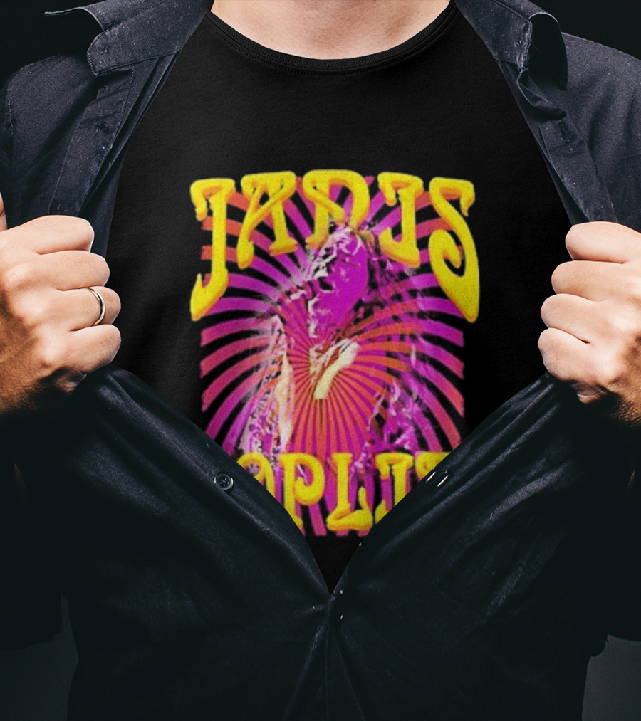 Janis Joplin Psychedelic Swirl Vibrant Yellow Text Pink Burst T-Shirt