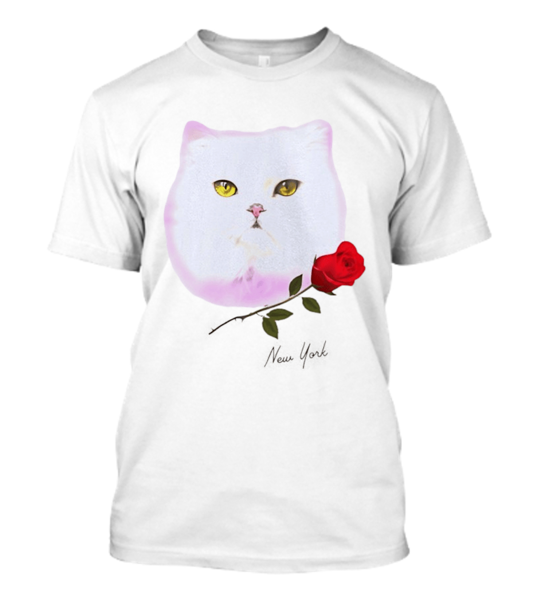 Cat Rose New York White Cat Face Yellow Eyes Red Rose T-Shirt