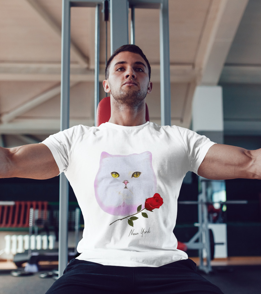 Cat Rose New York White Cat Face Yellow Eyes Red Rose T-Shirt