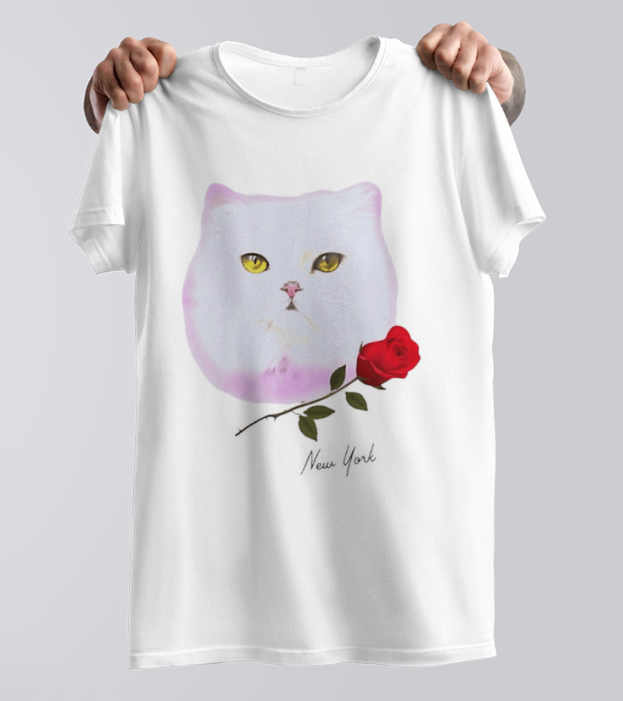 Cat Rose New York White Cat Face Yellow Eyes Red Rose T-Shirt