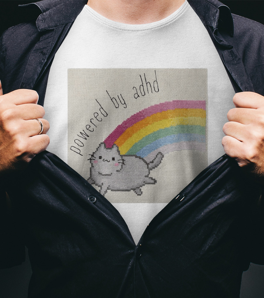 Cat Powered By ADHD Rainbow Cute Cross Stitch Patchwork T-Shirt