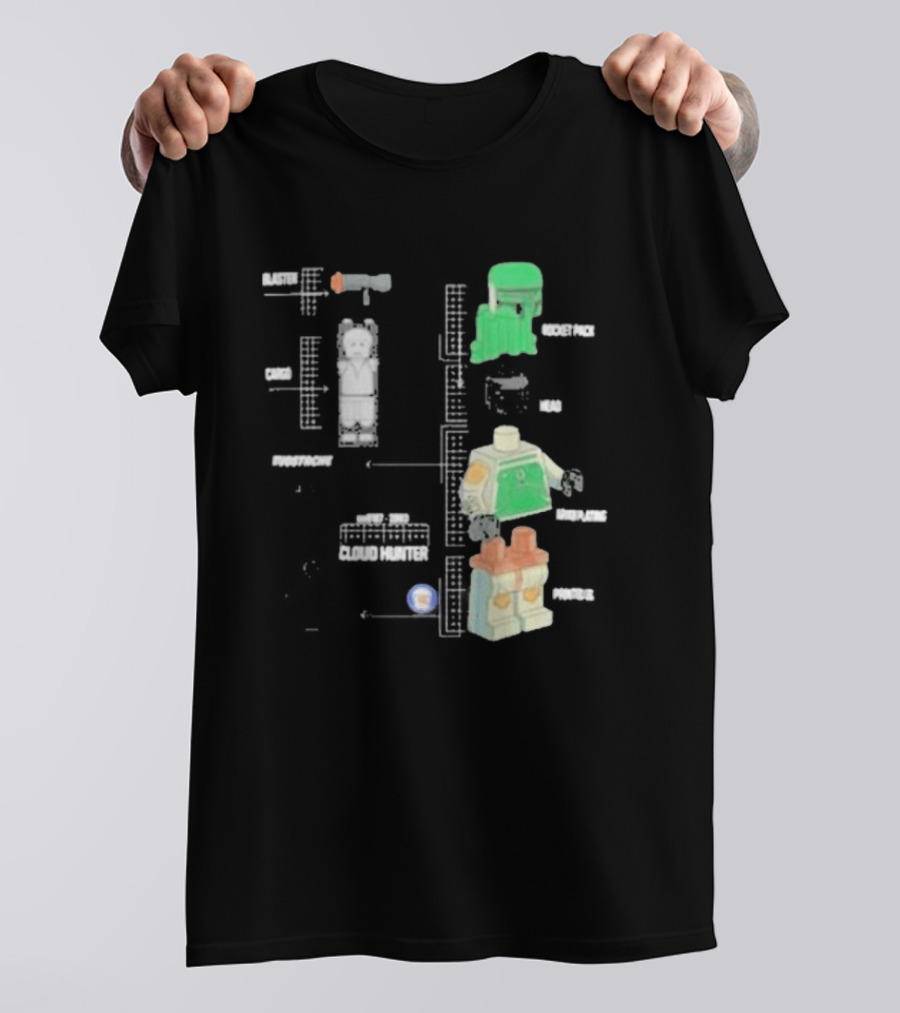Studstache Cloud Hunter Blueprint With Block Figures And Sci Fi T-Shirt