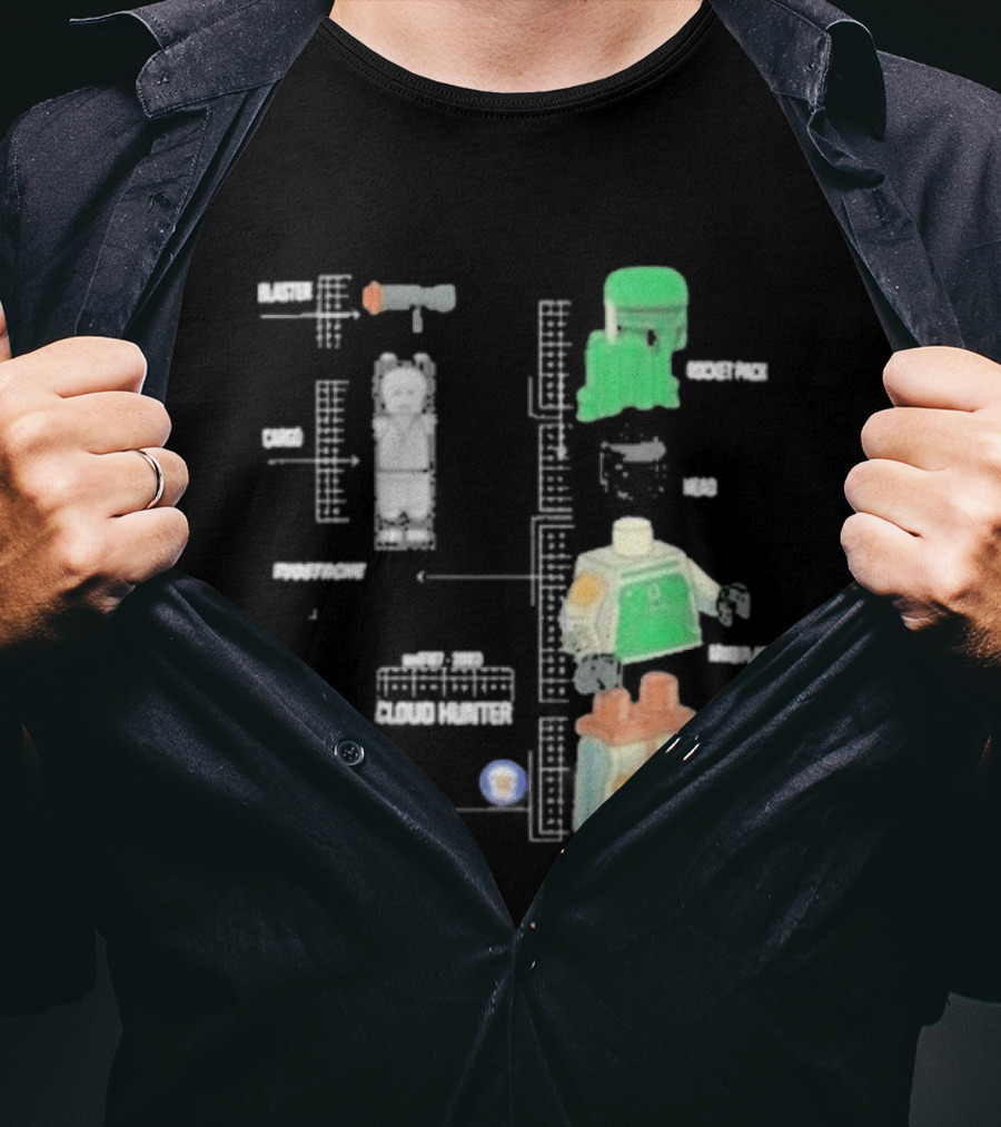 Studstache Cloud Hunter Blueprint With Block Figures And Sci Fi T-Shirt