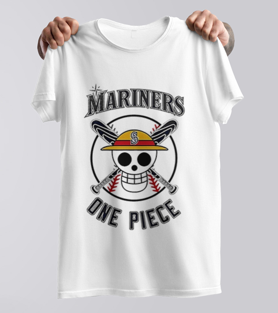 Seattle Mariners One Piece Crossover Collaboration Skull Hat Bats T-Shirt