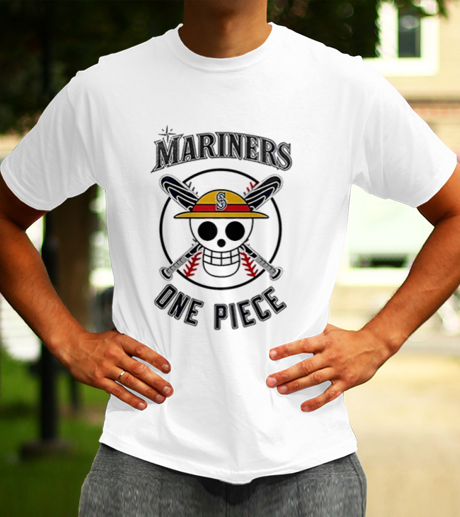 Seattle Mariners One Piece Crossover Collaboration Skull Hat Bats T-Shirt