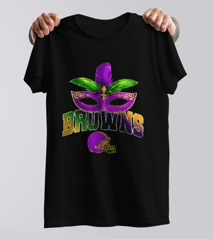 Cleveland Browns Mardi Gras Mask Feathers Football T-Shirt