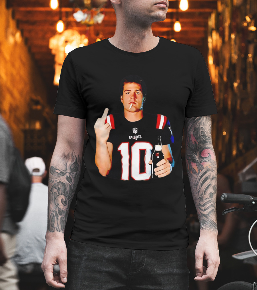 Drake Maye Middle Finger Smoking Holding Beer Can New England Patriots 10 T-Shirt