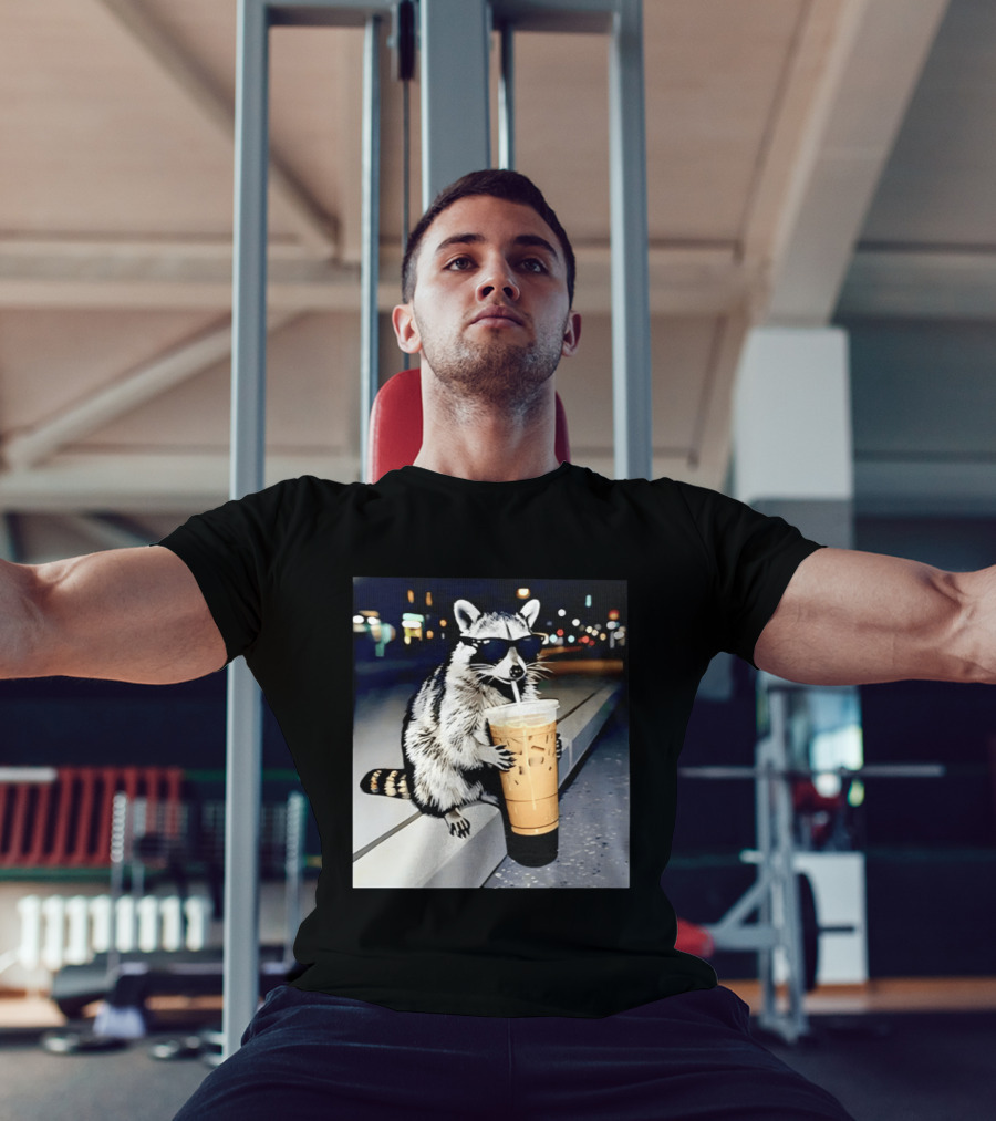 Raccoon Wearing Sunglasses Enjoying Iced Coffee Night Scene T-Shirt