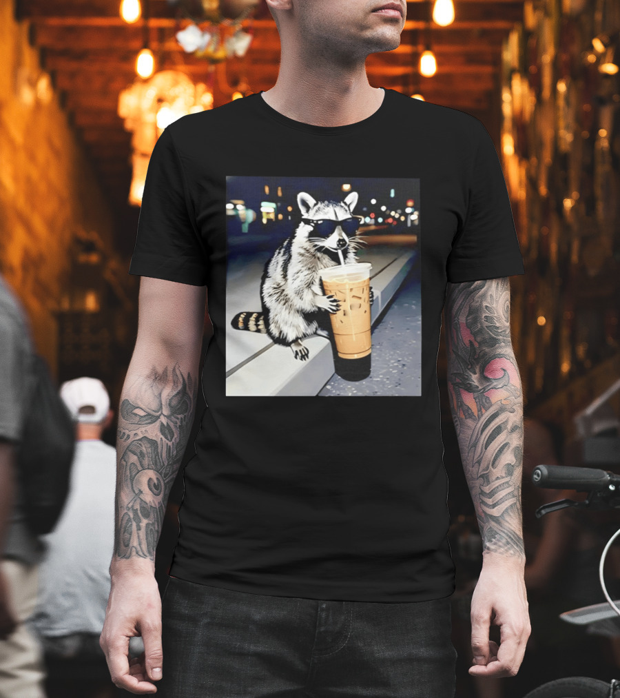 Raccoon Wearing Sunglasses Enjoying Iced Coffee Night Scene T-Shirt