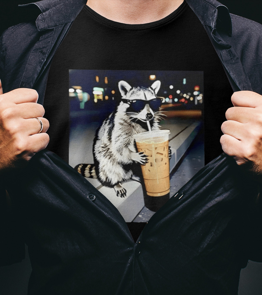 Raccoon Wearing Sunglasses Enjoying Iced Coffee Night Scene T-Shirt