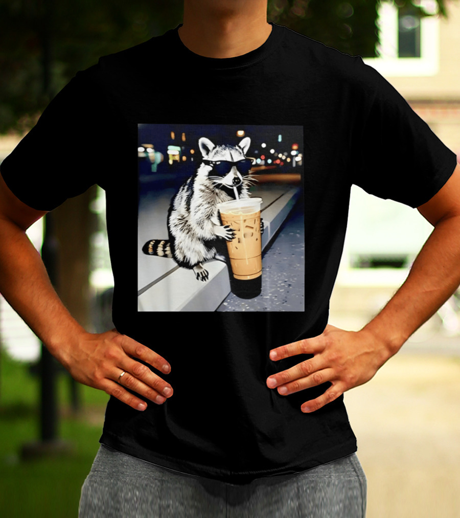 Raccoon Wearing Sunglasses Enjoying Iced Coffee Night Scene T-Shirt