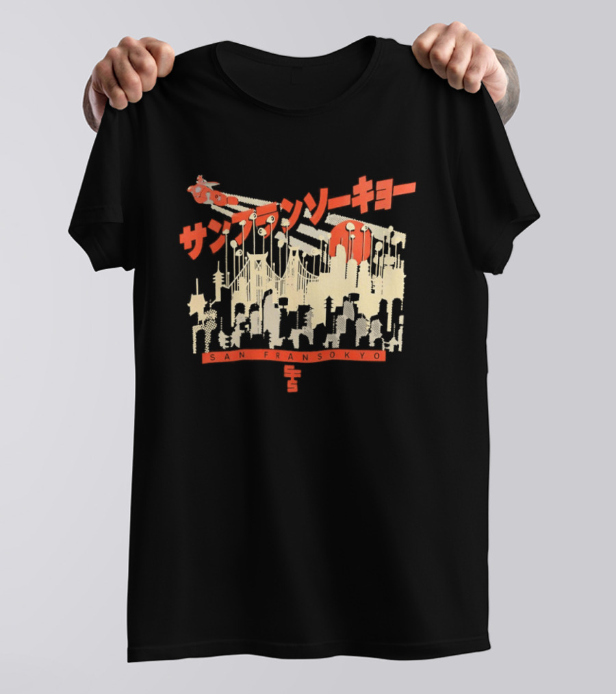 Sanfrasokyo Cityscape Fusion With Japanese Text And Baymax Figure T-Shirt