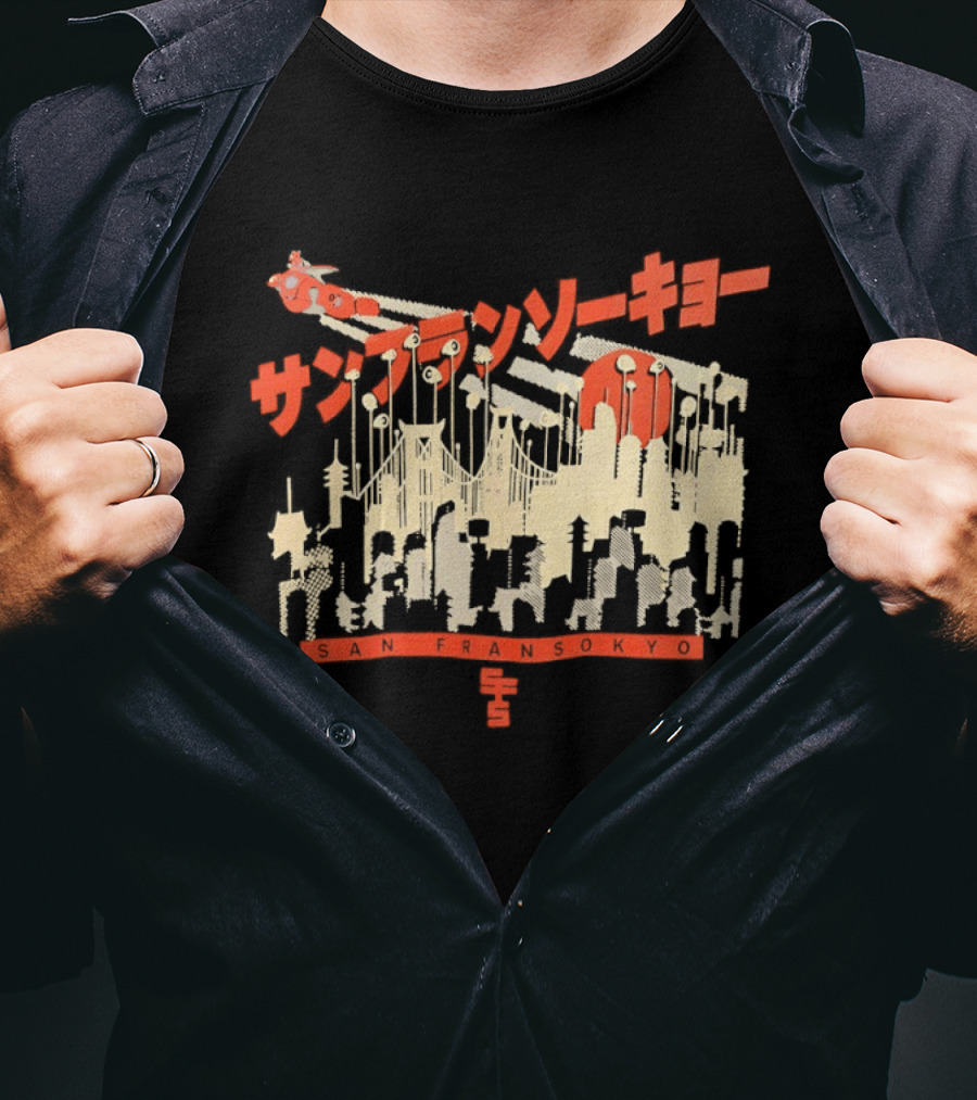 Sanfrasokyo Cityscape Fusion With Japanese Text And Baymax Figure T-Shirt