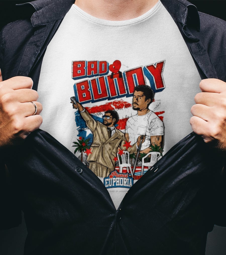 Bad Bunny Tirar Mas Fotos Planet Euphoria Palm Trees Chairs Red White Blue T-Shirt