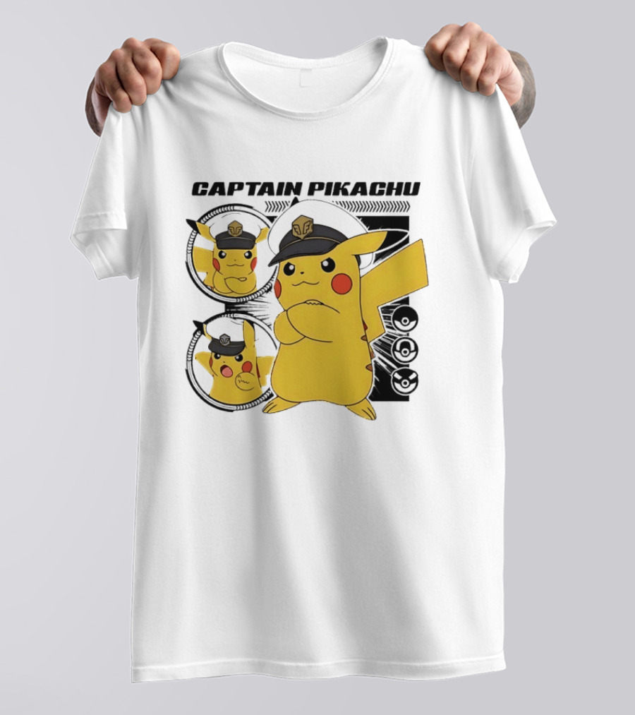 Captain Pikachu Cartoon Character With Hat And Expressions T-Shirt