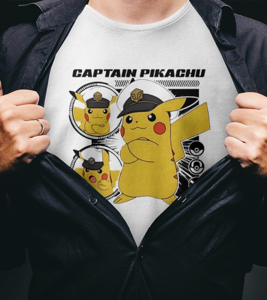 Captain Pikachu Cartoon Character With Hat And Expressions T-Shirt