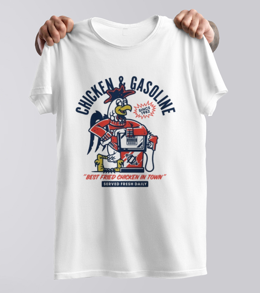 Chicken And Gasoline Best Fried Chicken In Town Since 1982 Retro Style Cartoon Rooster Pumping Gas T-Shirt