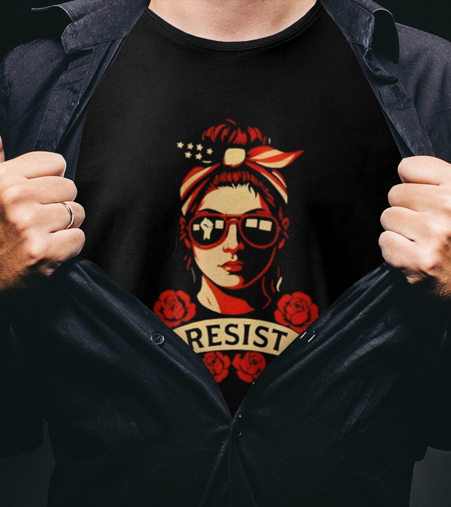Patriotic Woman Resist American Flag Bandana And Glasses With Roses T-Shirt