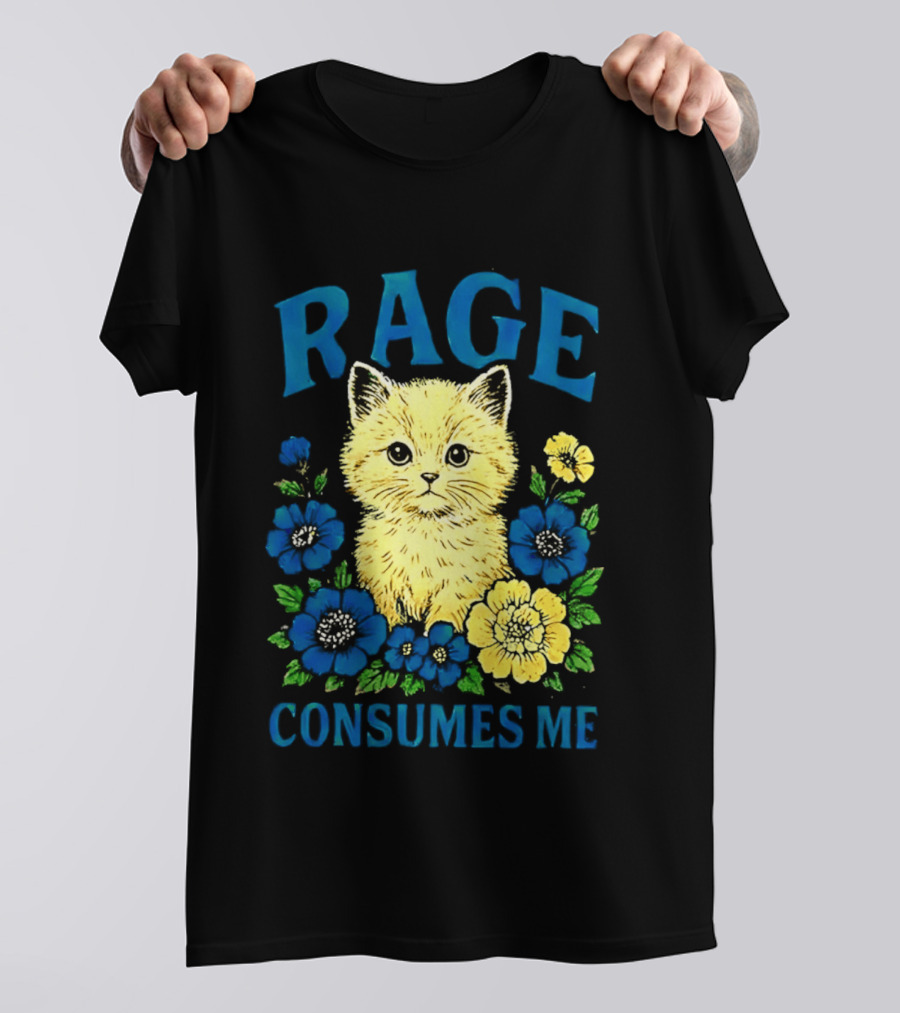 Rage Consumes Me Cat Surrounded By Blue And Yellow Flowers T-Shirt