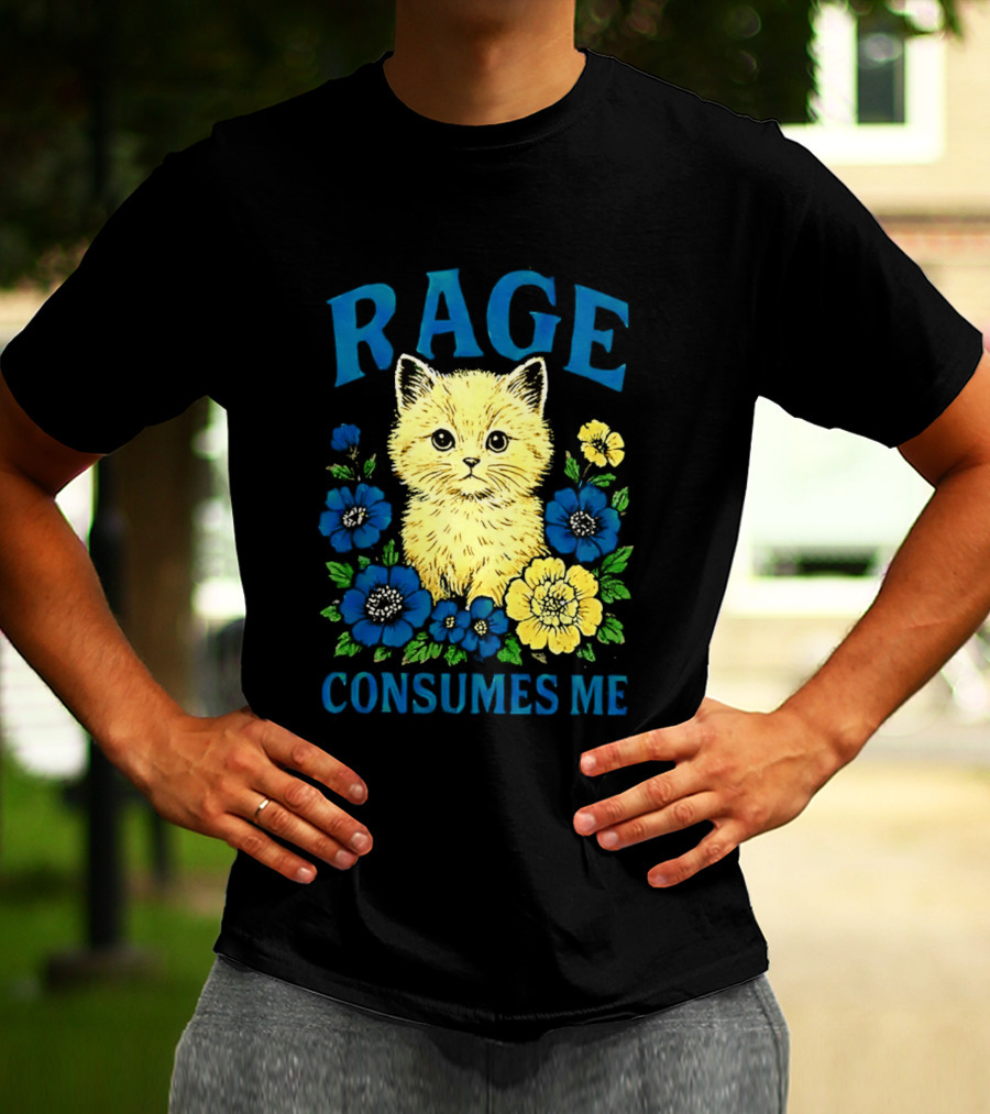 Rage Consumes Me Cat Surrounded By Blue And Yellow Flowers T-Shirt