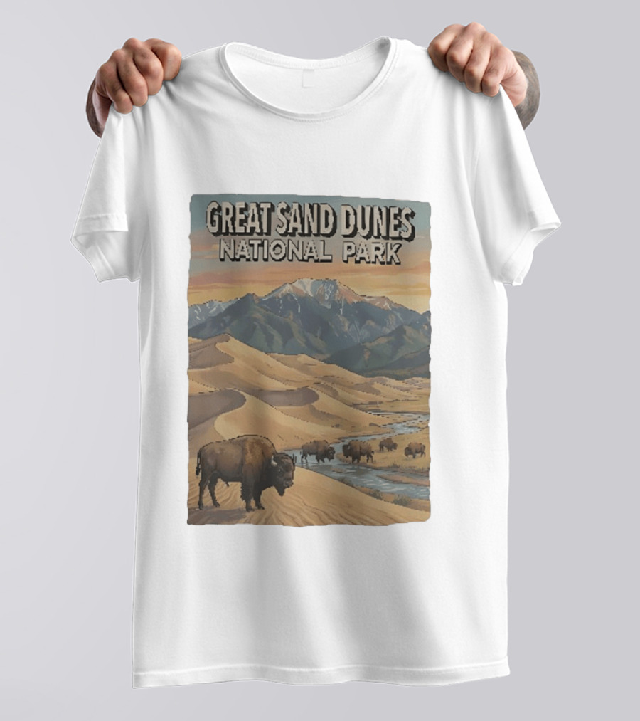 Great Sand Dunes National Park With Buffalo And Mountains Scene T-Shirt