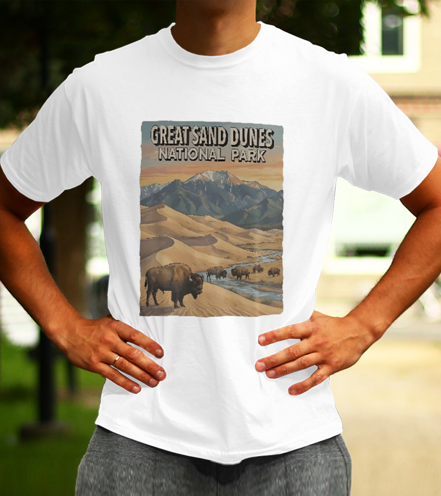 Great Sand Dunes National Park With Buffalo And Mountains Scene T-Shirt