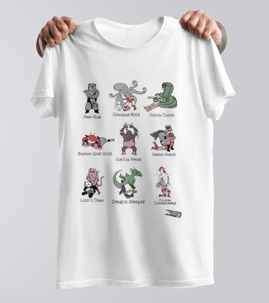 Wrestling Holds Animal Back Breaker Octopus Hold Cobra Clutch Boston Crab Inverted Power Slam Gorilla Press Armbar Monkey Flip Raging Bull T-Shirt