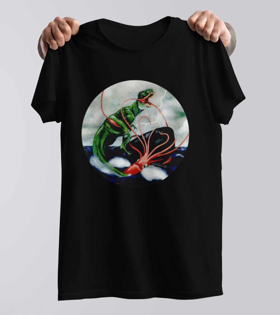 Dinosaur And Giant Squid Battle On Stormy Sea T-Shirt