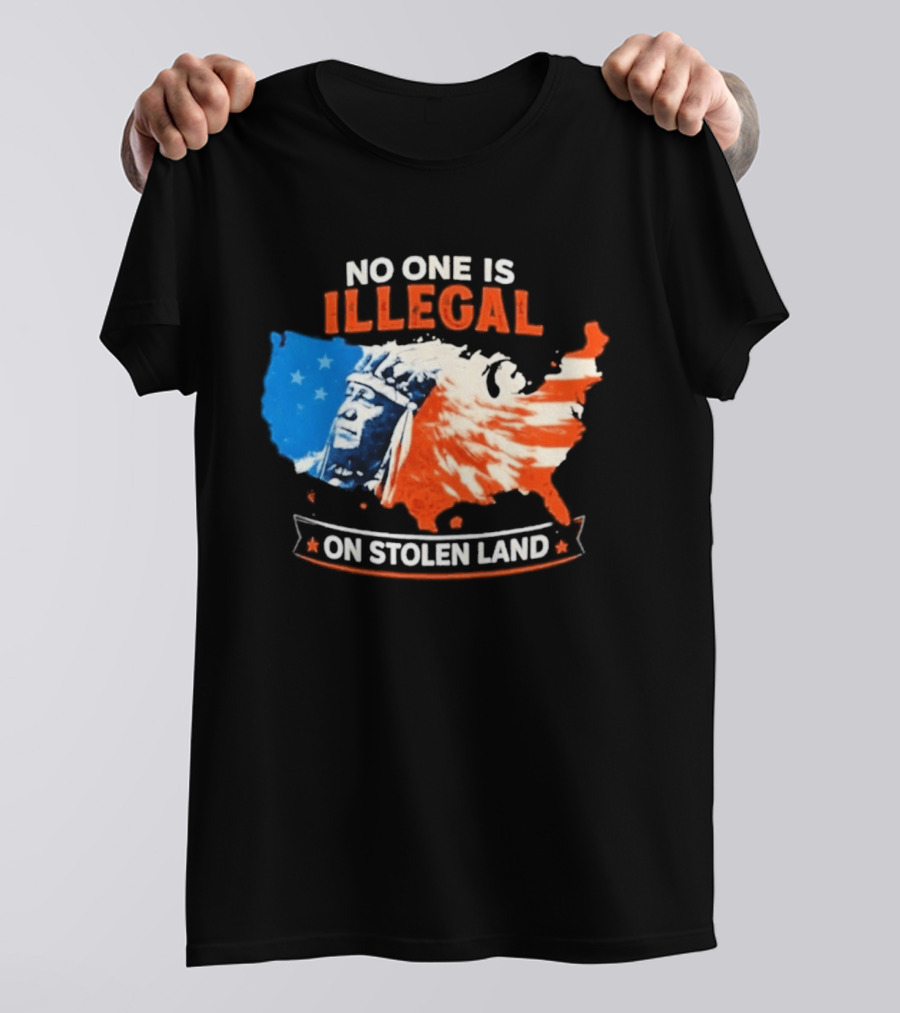 No One Is Illegal On Stolen Land USA Map Native American Headdress T-Shirt