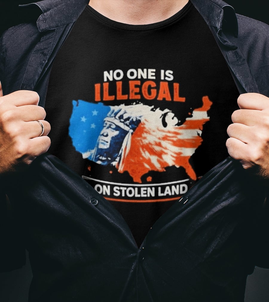No One Is Illegal On Stolen Land USA Map Native American Headdress T-Shirt