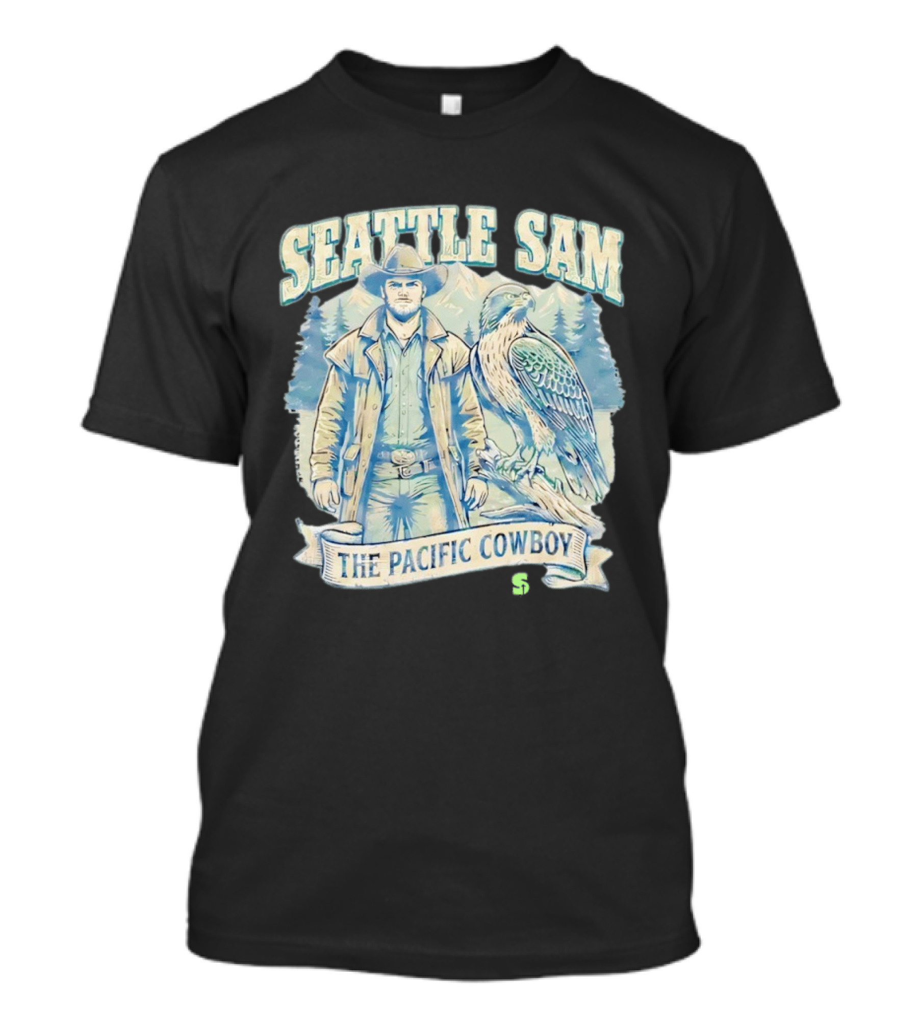 Seattle Sam The Pacific Cowboy With Mountains And Eagle T-Shirt