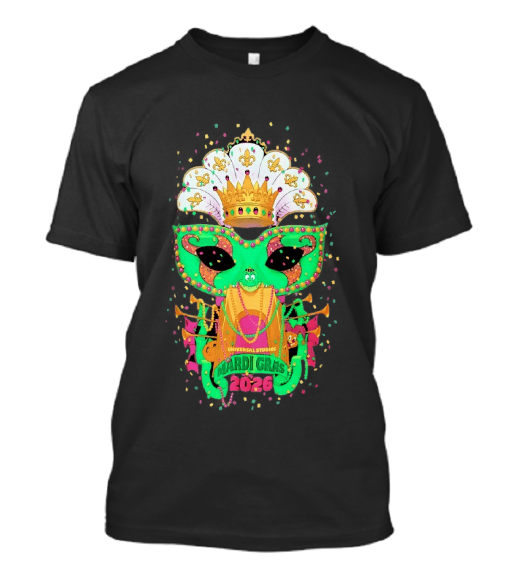 Universal Studios Mardi Gras 2026 Festive Mask And Crown Celebration T-Shirt