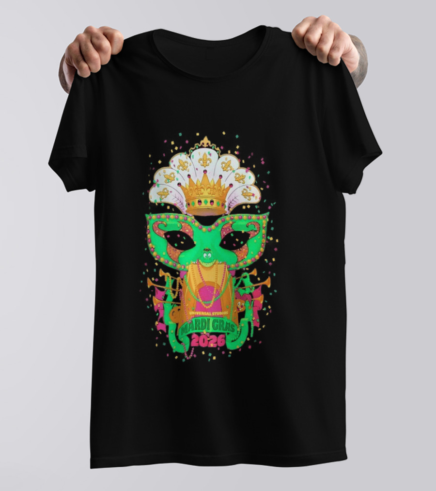 Universal Studios Mardi Gras 2026 Festive Mask And Crown Celebration T-Shirt