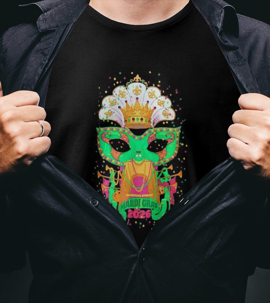 Universal Studios Mardi Gras 2026 Festive Mask And Crown Celebration T-Shirt